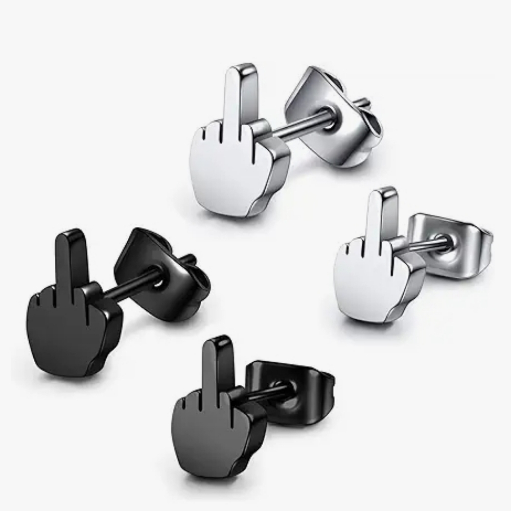 Men's Stainless Steel Middle Finger Stud Earrings - Black & Silver